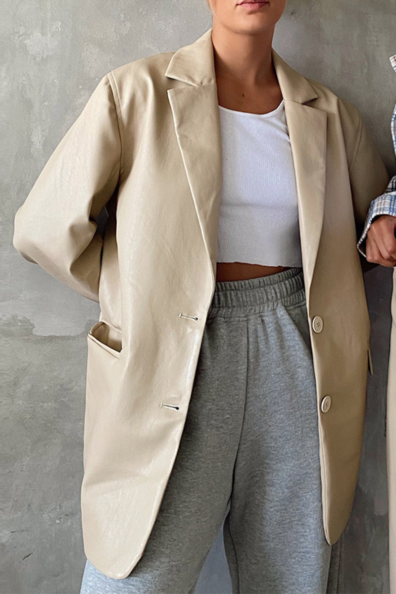 Fashion Elegant Solid Pocket Buckle Turn-back Collar Outerwear