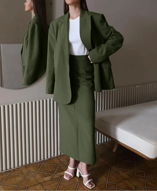 Green Long Sleeve Blazer Skirt Office Two Piece Set