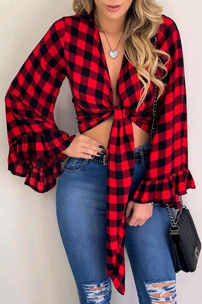 Fashion Street Plaid Flounce Strap Design V Neck Tops