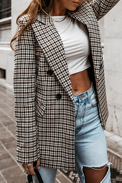 Fashion Elegant Geometric Split Joint Buckle Turn-back Collar Outerwear