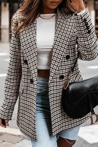 Fashion Elegant Geometric Split Joint Buckle Turn-back Collar Outerwear