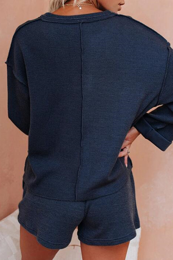 Casual Solid Patchwork Draw String V Neck Long Sleeve Two Pieces