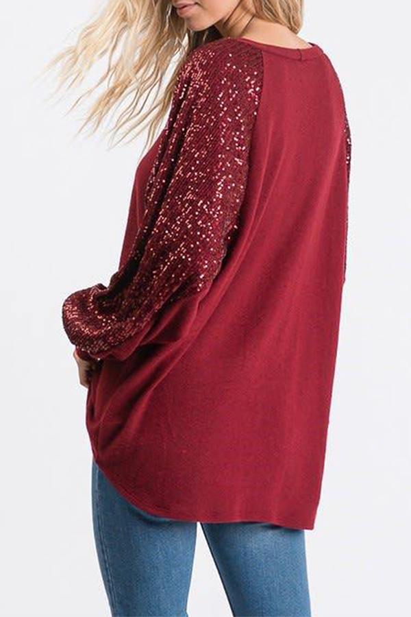 Casual Patchwork Sequins O Neck Tops（4 colors）