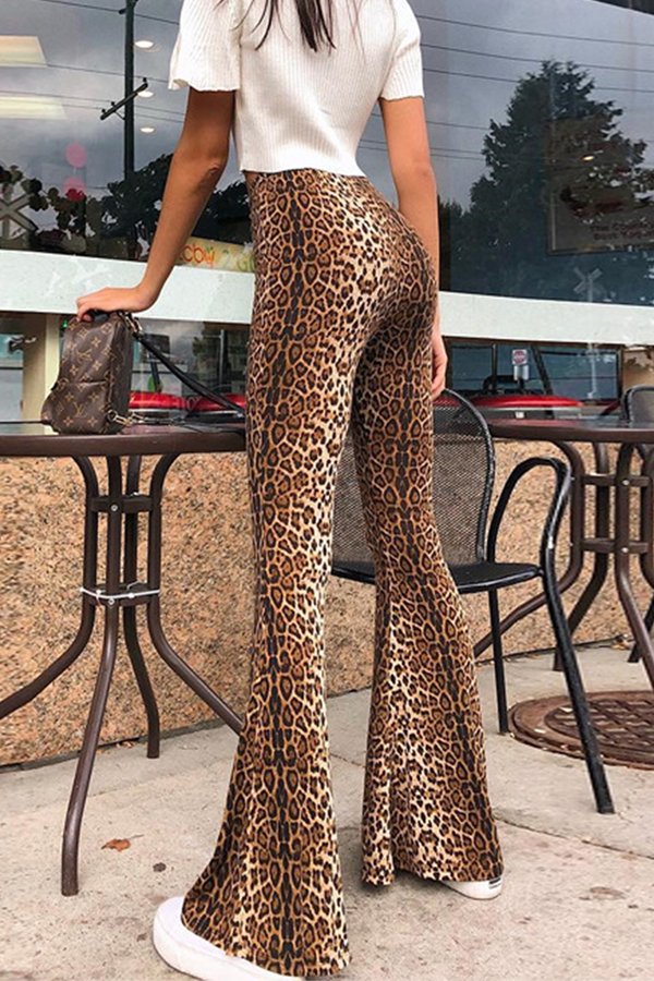 Fashion Street Animal Print Leopard Patchwork Basic Boot Cut High Waist Full Print Bottoms