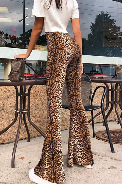Fashion Street Animal Print Leopard Patchwork Basic Boot Cut High Waist Full Print Bottoms