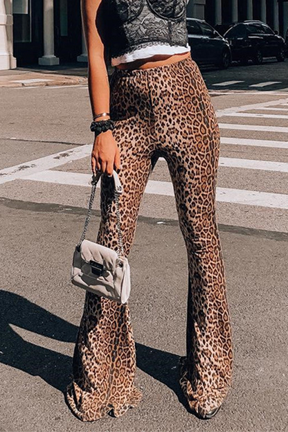 Fashion Street Animal Print Leopard Patchwork Basic Boot Cut High Waist Full Print Bottoms