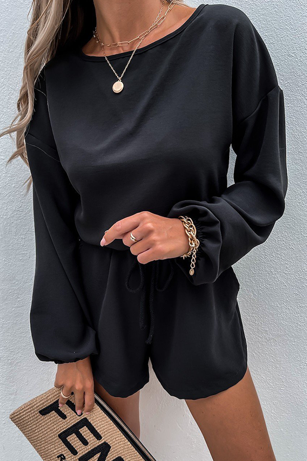 Fashion Street Solid Split Joint O Neck Long Sleeve Two Pieces