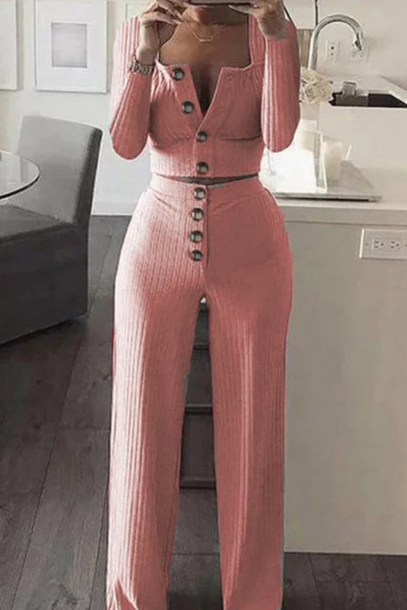 Casual Solid Split Joint O Neck Long Sleeve Two Pieces(5 Colors)