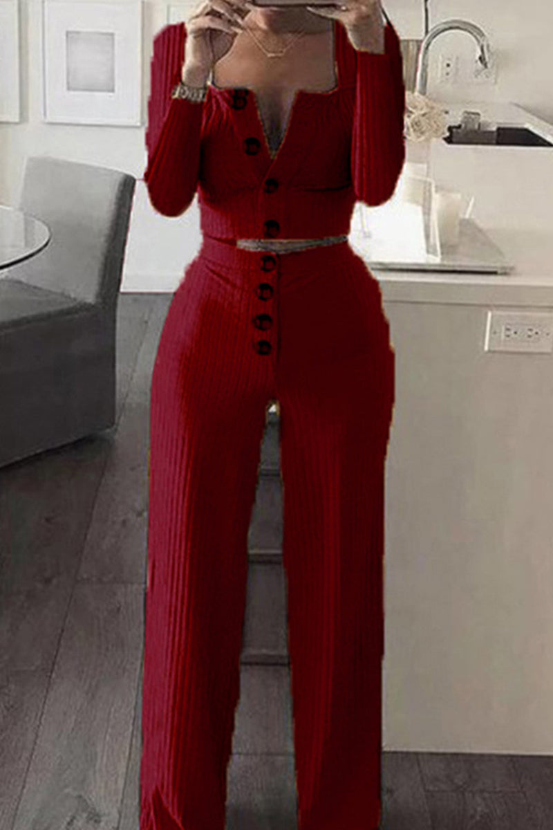 Casual Solid Split Joint O Neck Long Sleeve Two Pieces(5 Colors)