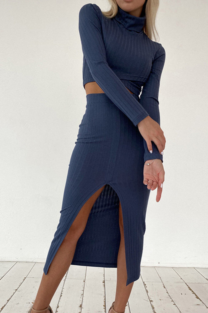 Fashion Casual Slit Turtleneck Long Sleeve Two Pieces(4 Colors)