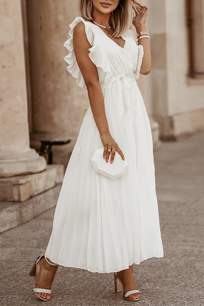 Elegant Solid Flounce Strap Design V Neck Pleated Dresses(6 Colors)