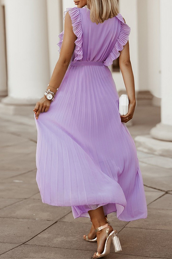 Elegant Solid Flounce Strap Design V Neck Pleated Dresses(6 Colors)