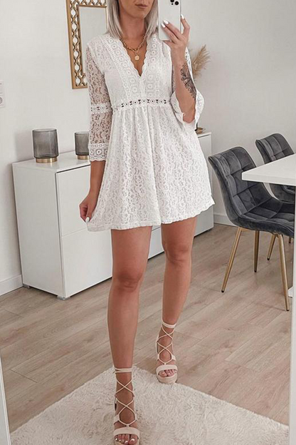 Casual Solid Lace V Neck Cake Skirt Dresses