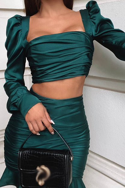 Sexy Solid Flounce Square Collar Long Sleeve Two Pieces