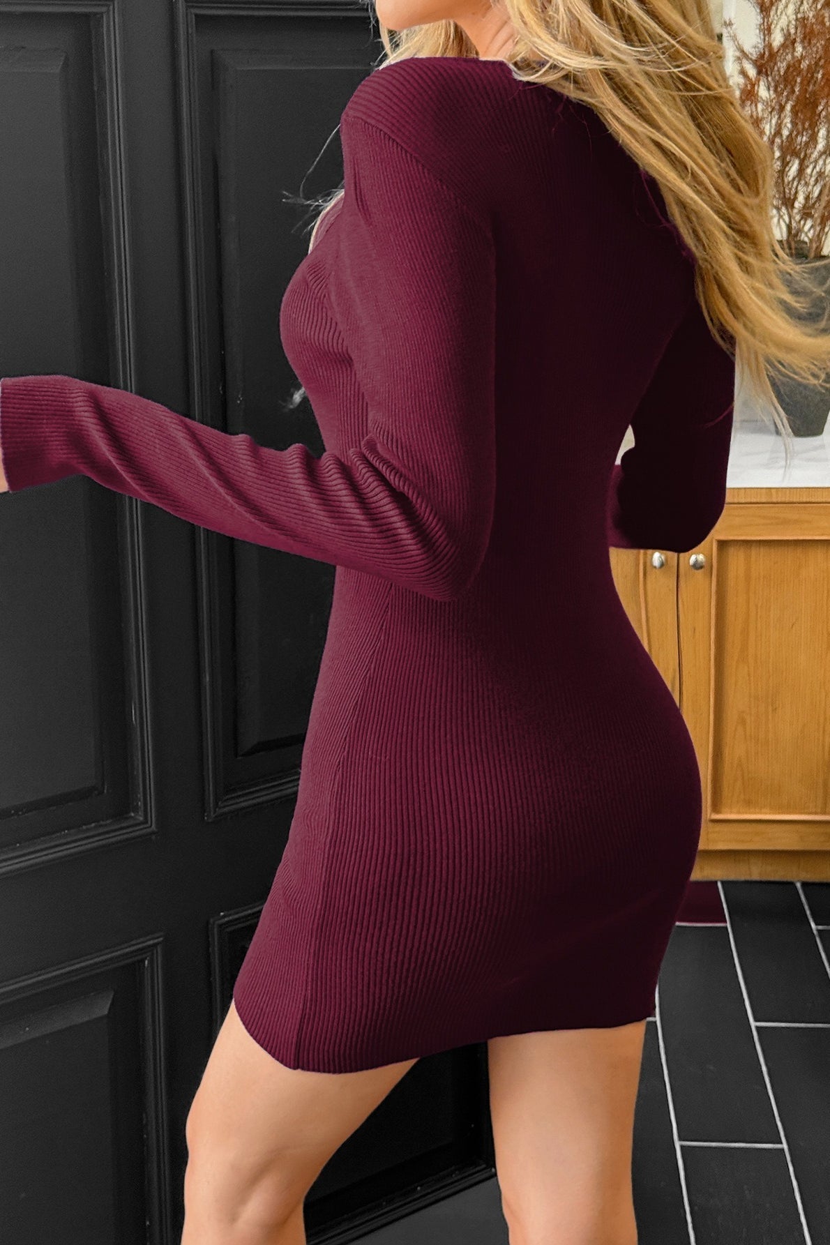 Ribbed Knit Henley Button Long Sleeve Bodycon Mini Dress