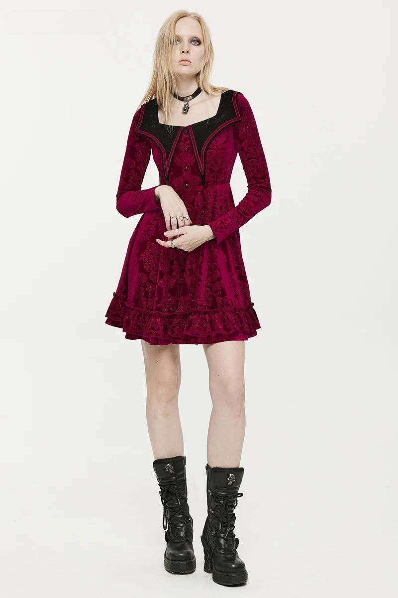 Gothic Damask Velvet Pointed Collar Button Front Ruffle Hem Mini Dress