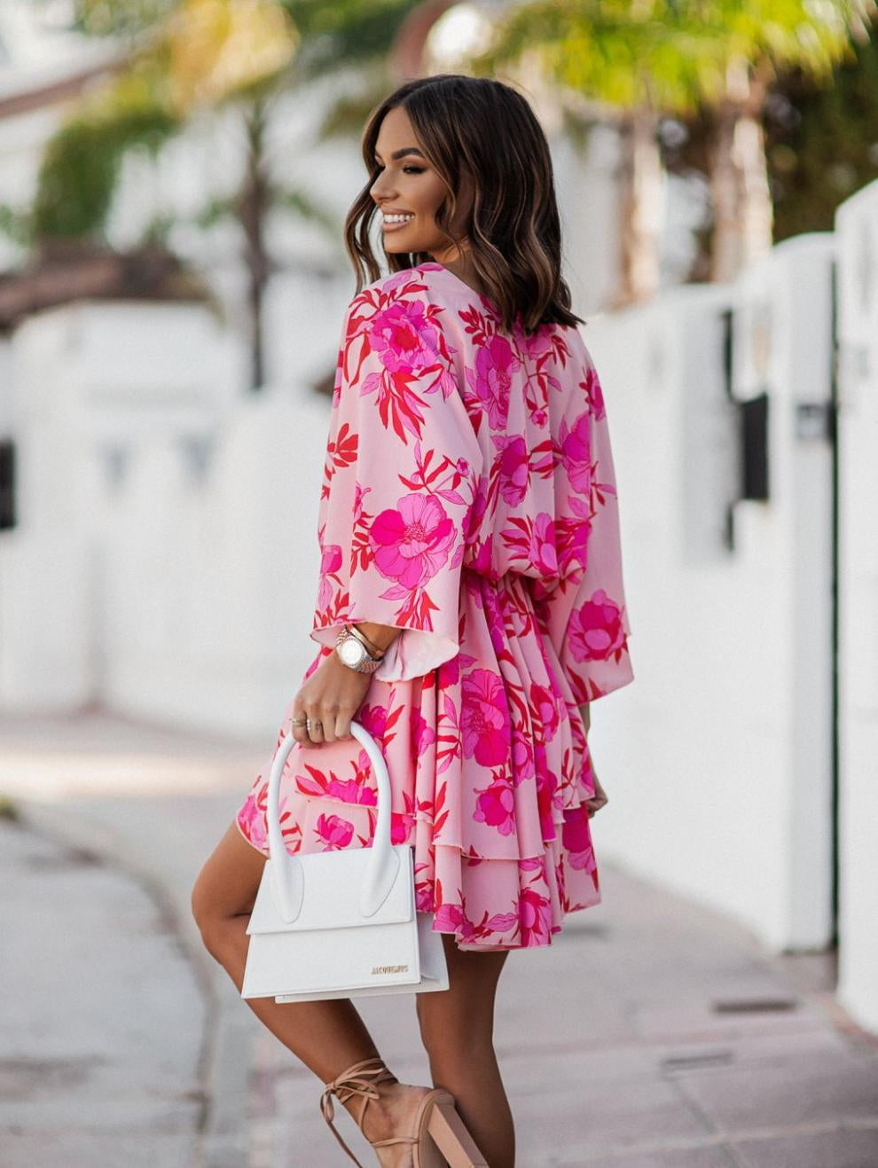 Summer Dress Pink V-Neck Beach Dress