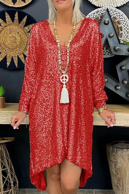 Casual Solid Sequins V Neck Straight Dresses(3 Colors)
