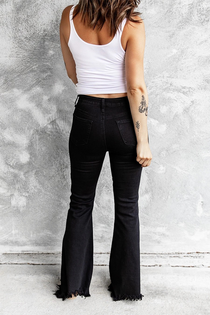 Fashion Solid Buckle Boot Cut Denim Jeans