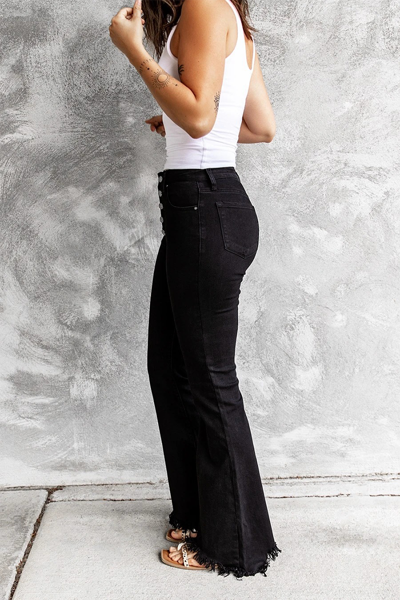 Fashion Solid Buckle Boot Cut Denim Jeans