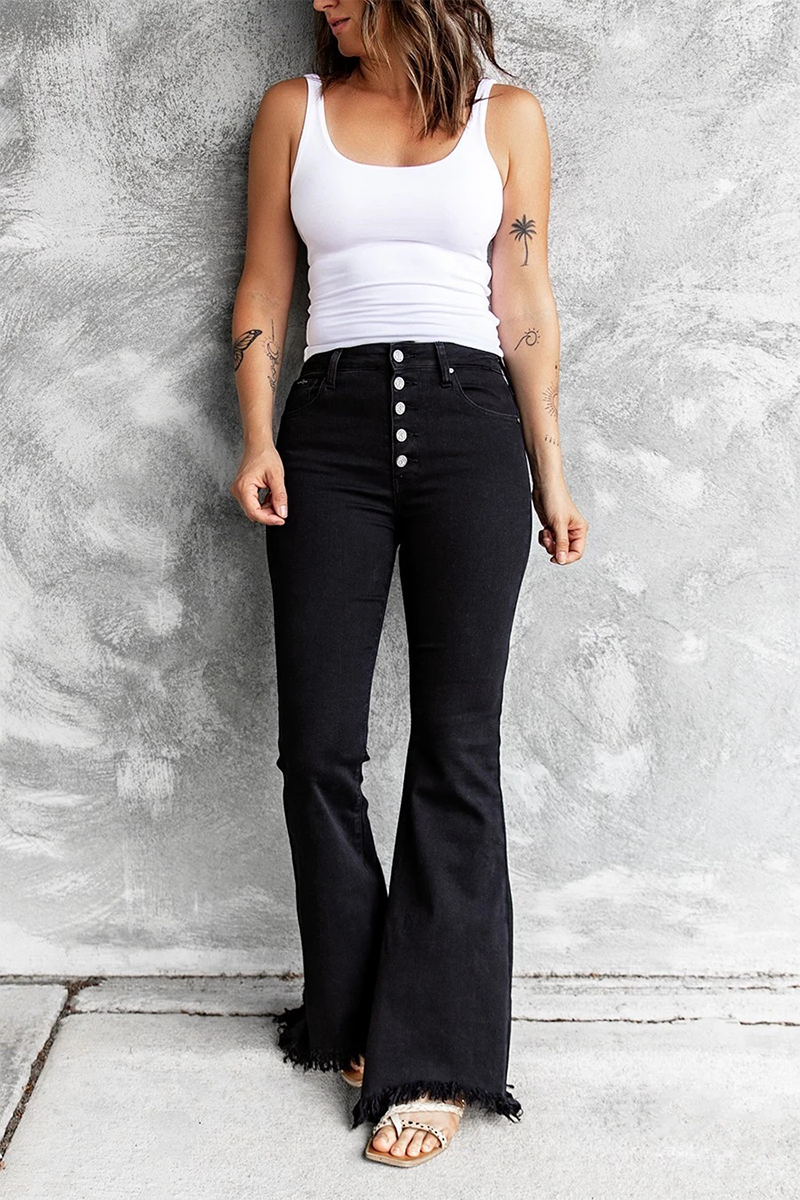 Fashion Solid Buckle Boot Cut Denim Jeans