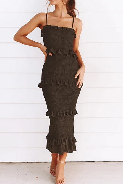 Fashion Solid Patchwork Flounce Spaghetti Strap Straight Dresses