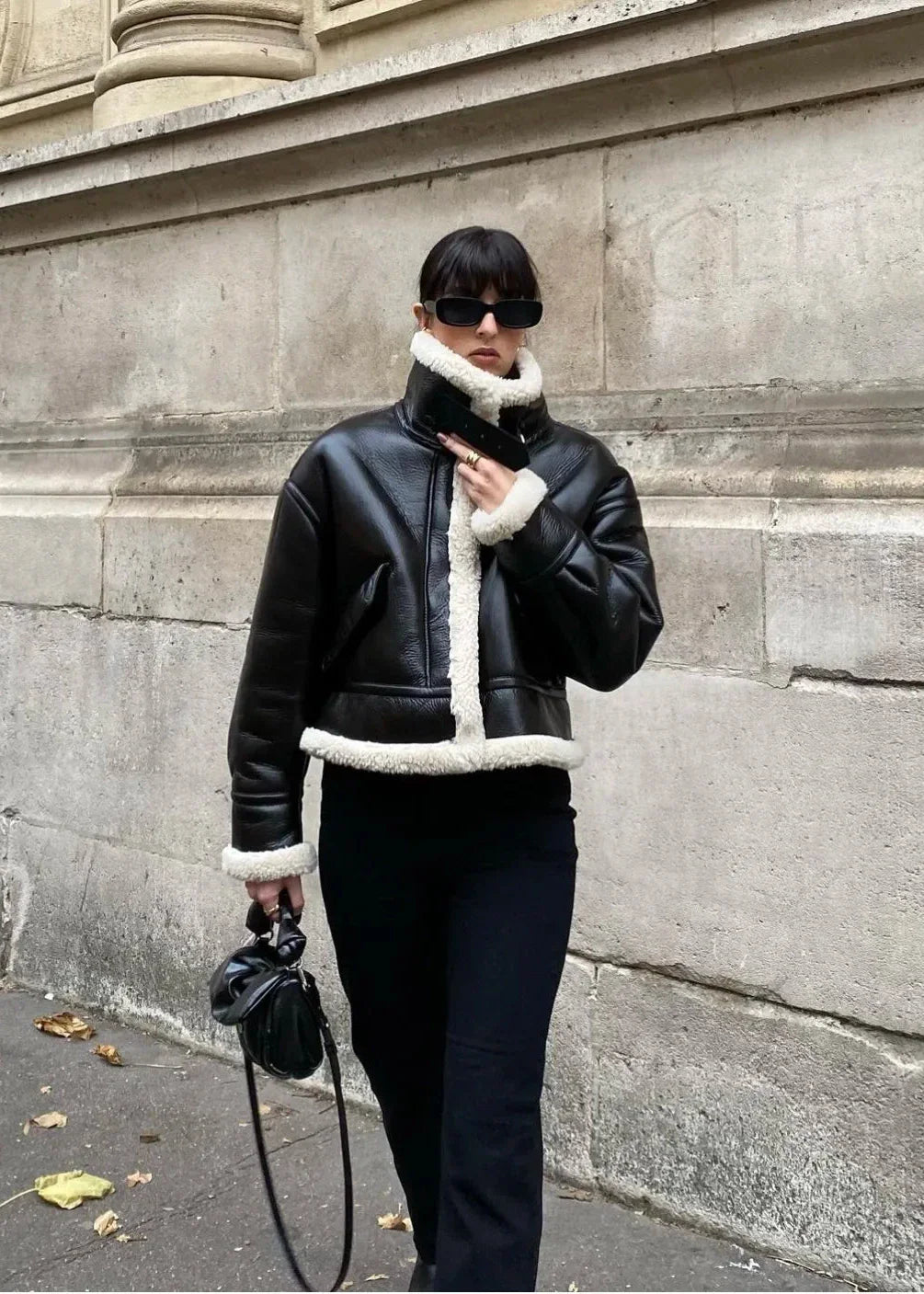 Niche Black Faux Shearling Jacket - European Style