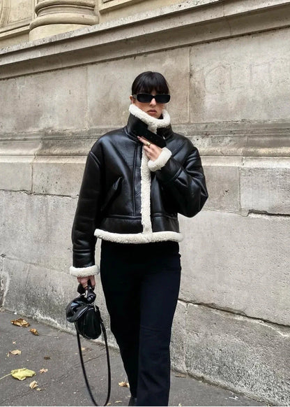 Niche Black Faux Shearling Jacket - European Style