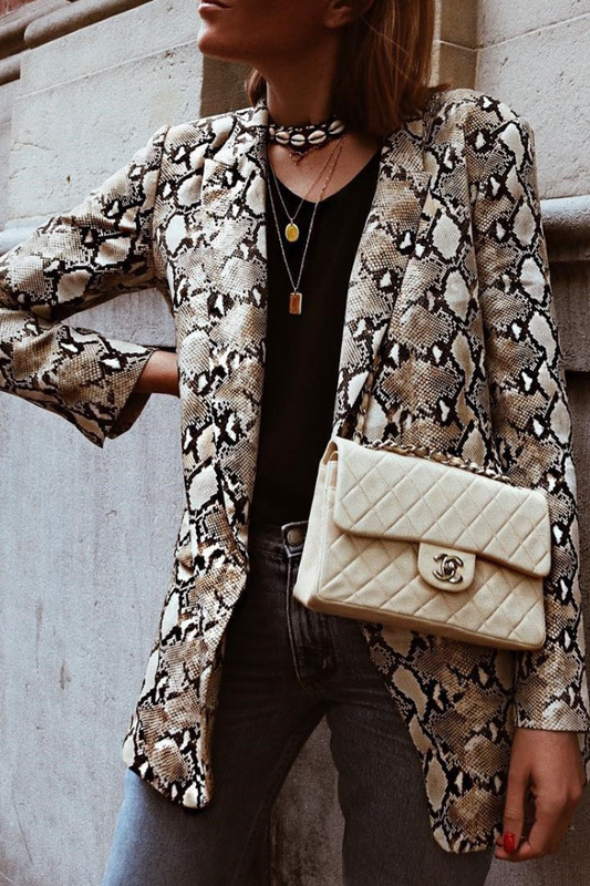 Fashion Print Split Joint Turndown Collar Outerwear