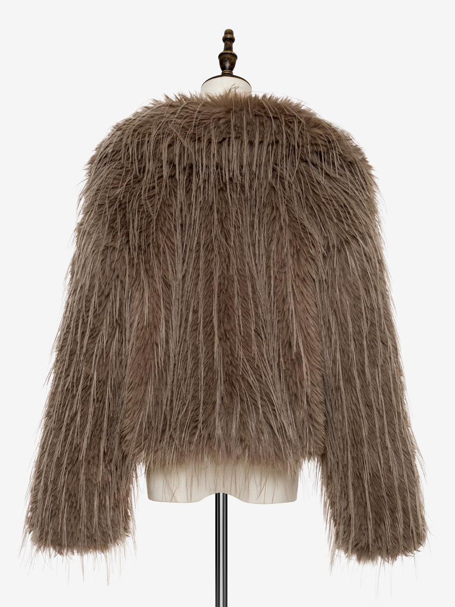 Faux Fur Coats Apricot Long Sleeves Faux Fur Jacket Winter Coat