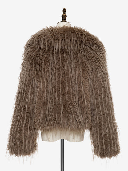 Faux Fur Coats Apricot Long Sleeves Faux Fur Jacket Winter Coat