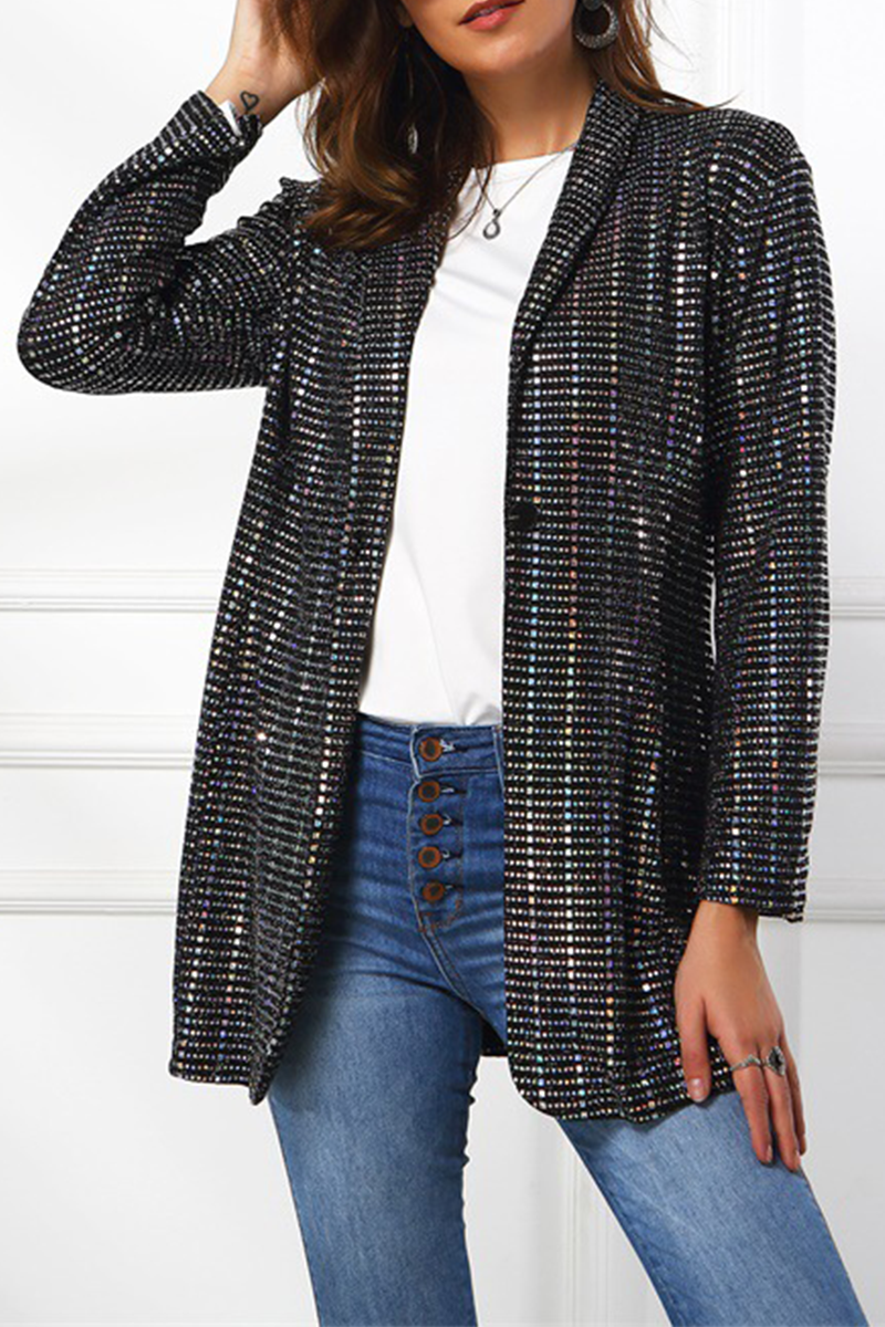 Fashion Solid Sequins Turndown Collar Outerwear