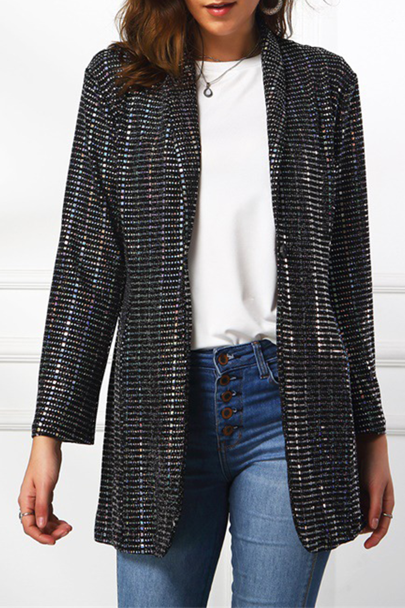 Fashion Solid Sequins Turndown Collar Outerwear