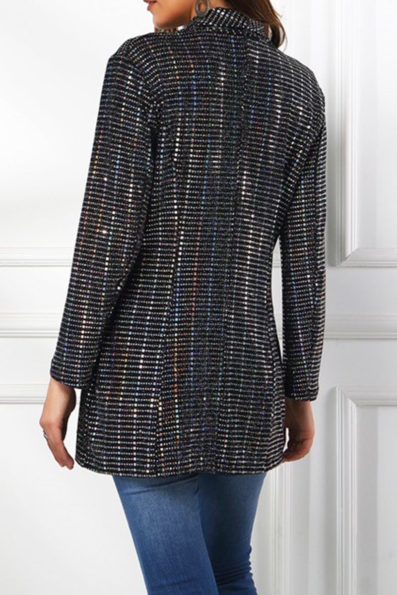 Fashion Solid Sequins Turndown Collar Outerwear