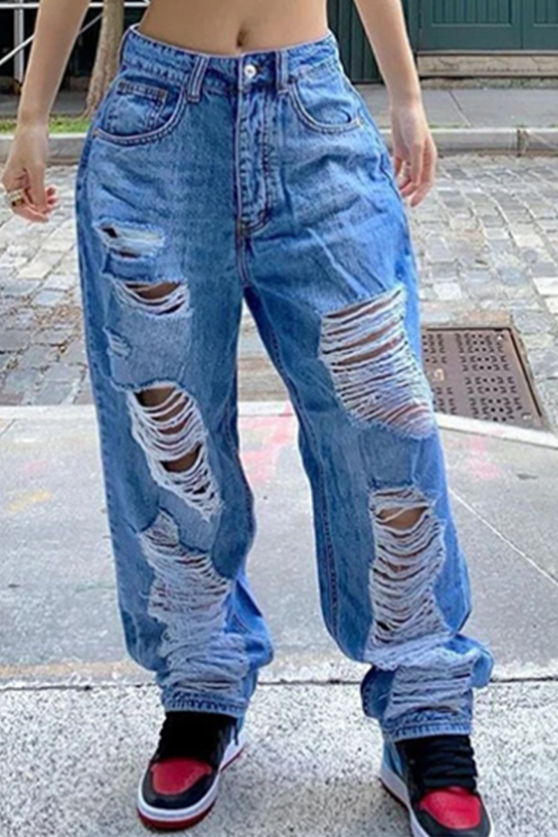 Casual Solid Ripped Mid Waist Harlan Denim Jeans