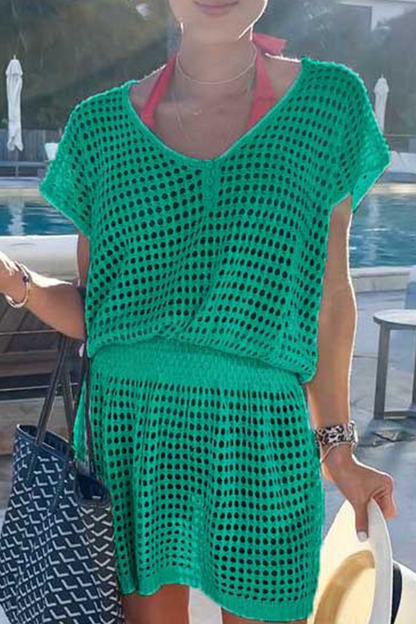 Casual Solid Mesh V Neck Waist Skirt Dresses(5 Colors)