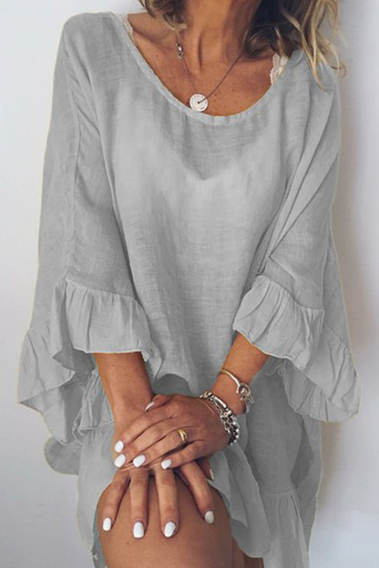 Casual Solid Flounce O Neck Straight Dresses(4 colors)