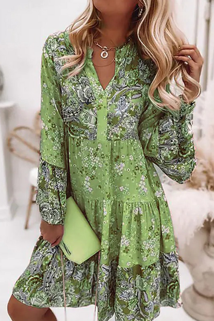 Casual Print Patchwork V Neck Cake Skirt Dresses(3 Colors)