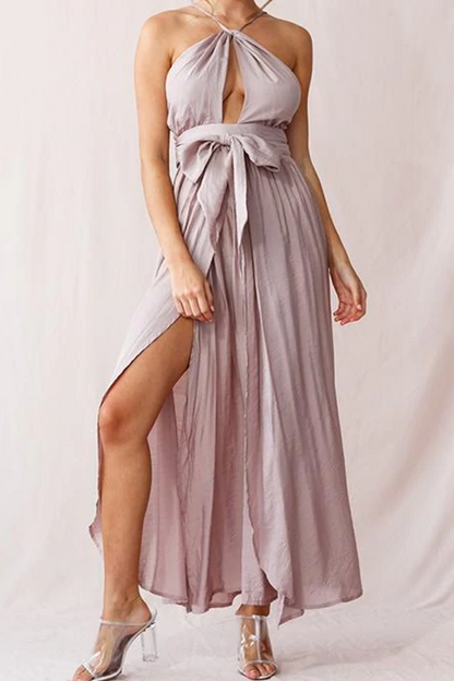 Sexy Solid High Opening Halter Irregular Dress Dresses