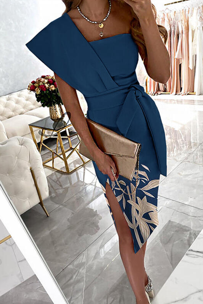 Casual Print Patchwork One Shoulder Pencil Skirt Dresses(3 Colors)