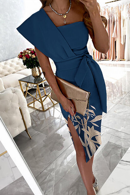 Casual Print Patchwork One Shoulder Pencil Skirt Dresses(3 Colors)