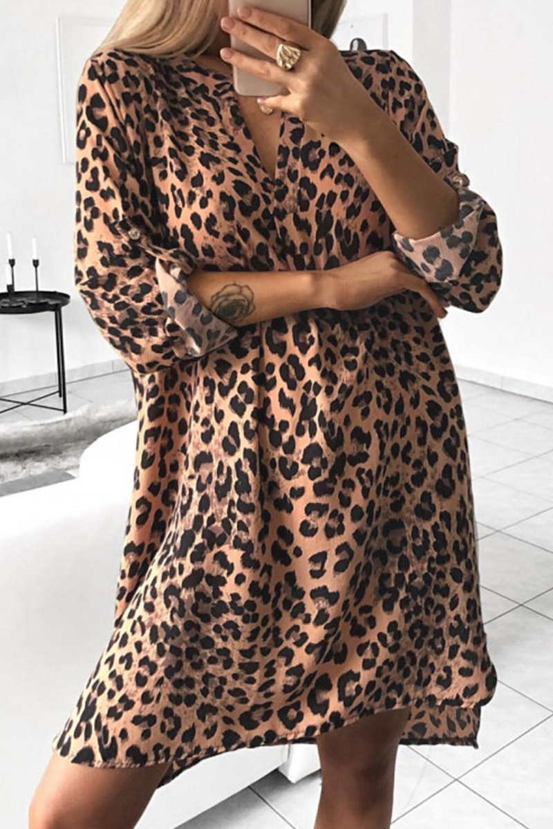 Casual Print Split Joint V Neck Straight Dresses(5 colors)