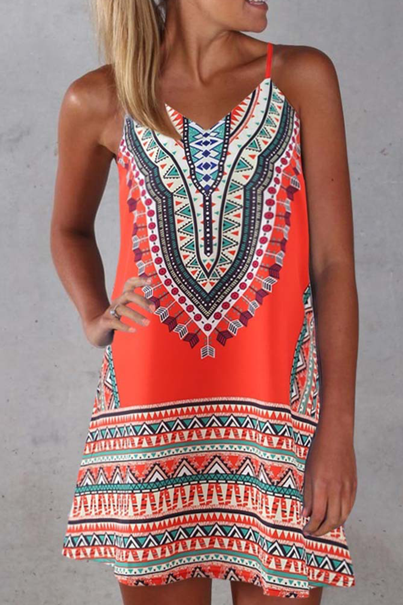 Vintage Print Patchwork Spaghetti Strap Straight Dresses