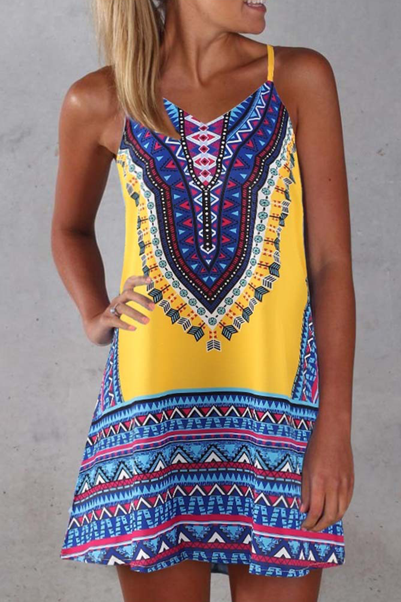 Vintage Print Patchwork Spaghetti Strap Straight Dresses