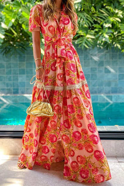 Fashion Print V Neck Cake Skirt Dresses