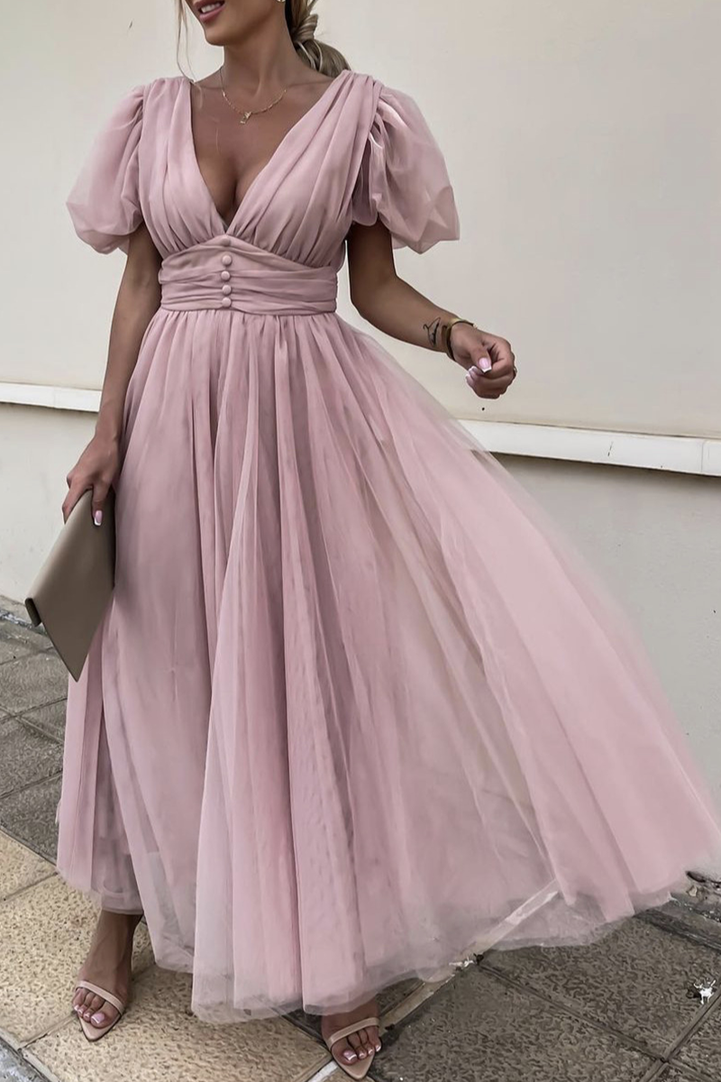 Fashion Solid Split Joint V Neck Mesh Dress Dresses