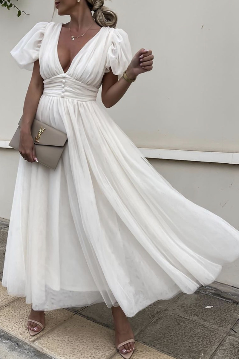 Fashion Solid Split Joint V Neck Mesh Dress Dresses