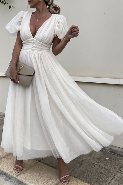 Fashion Solid Split Joint V Neck Mesh Dress Dresses