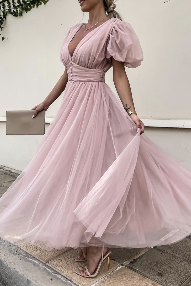 Fashion Solid Split Joint V Neck Mesh Dress Dresses