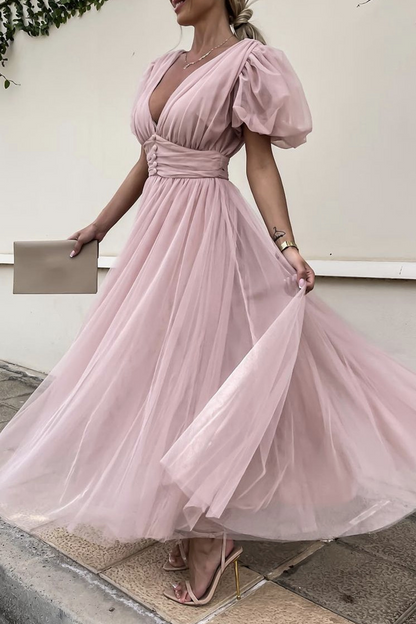 Fashion Solid Split Joint V Neck Mesh Dress Dresses